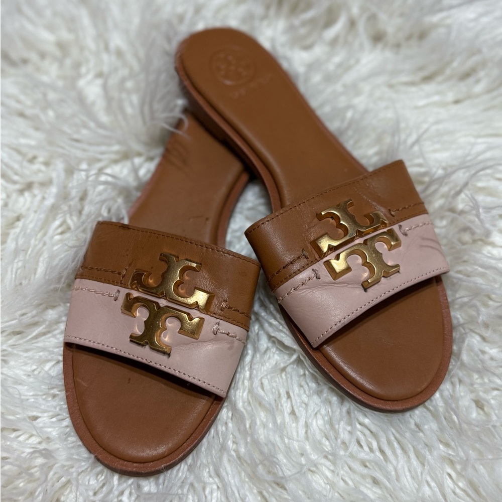 Tory Burch Leather Two Tone Brown and Pink Women's Slide Sandals